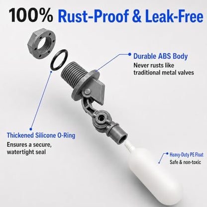 2 Pack 1/2 Inch Straight Thread Auto Fill Float Valve, Automatic Water Level Control Valve with 225° Adjustable Arm for Water Tank, Pond, Chicken Waterer, Livestock Trough