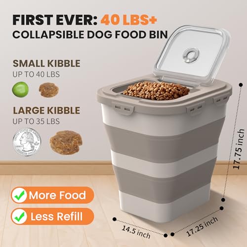 35-40 Lbs Airtight Dog Food Storage Container, Collapsible Dog Food Container with Lid, Wheels, Date Track, Large Pet food storage Container for Rice,Flour,Sugar,Dog Food Scoop,2PCS Containers - color: Khaki/40 lbs