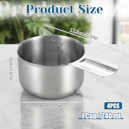 4Pcs 1 Cup 304 Stainless Steel Measuring Cup, 8 oz Metal Measuring Cups with Handle Measurings Spoons Heavy Duty Kitchen Cooking Gadgets Rice Measurings Cups for Wet/Dry Ingredients Baking
