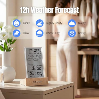 Raddy V5 Wireless Weather Station, Indoor Outdoor Thermometer & Hygrometer, Battery Powered Temperature Humidity Monitor, 5.0" LCD Display, 12-Hour Forecast, Frost Alert, Remote Sensor