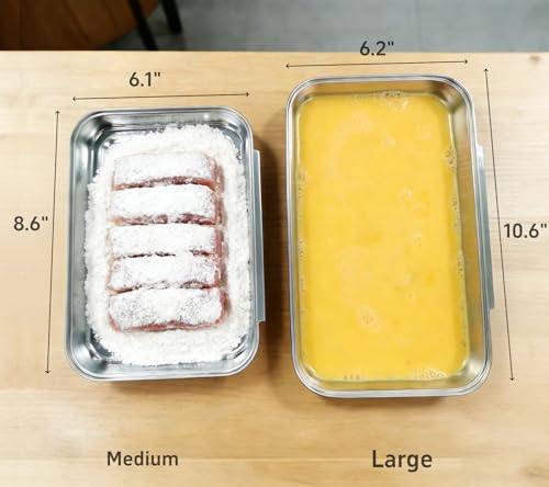 3-Piece Stainless Steel Breading Set – Interlocking Coating Trays for Chicken, Fish, Meat | Non-Slip, Dishwasher Safe, Oven Safe | Stackable Space-Saving Design for Flour, Egg (L-10.6" x 6.2") - size: 10.6" x 6.2" x 1.2"