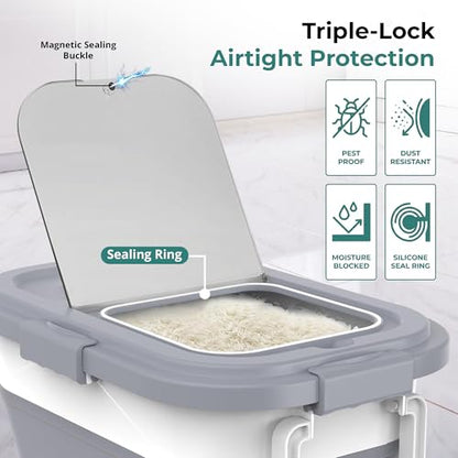 Home & Hearthly Collapsible Rice Storage Container 25–35 lbs, Airtight, Space-Saving Food Storage Bin with Wheels and Measuring Cup, Easy-Pour Grain Dispenser for Rice, Flour and Pet Food