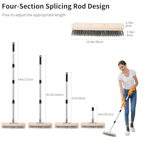 Stainless Steel Wire Scrub Brush with Long Handle, Heavy Duty Floor Scrubber Brush, Moss Remover Wire Broom for Deck, Rough Surface, Concrete Floor, Patio, Garden, Garage