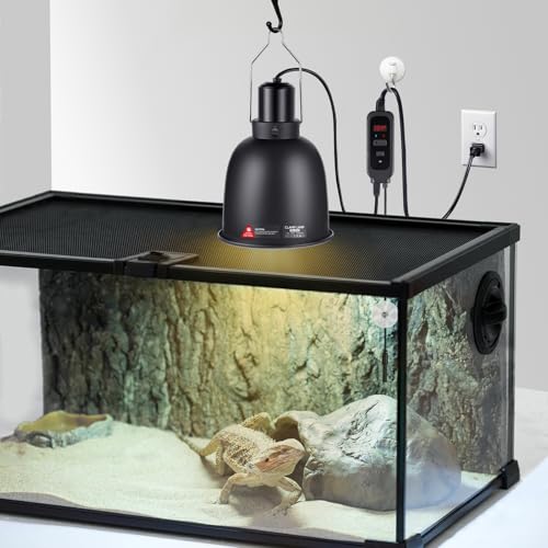 DXOPHIEX 5.5inch Reptile Heat Lamp with Thermostat, Reptile Light Fixture with Dimming Thermostat, Deep Dome Lamp Fixture with 100W Ceramic Heat Emitter for Bearded Dragon, Turtles, Snake and Lizard