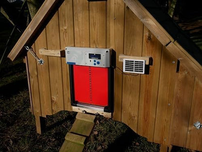 Automatic Chicken Coop Door Opener, ChickenGuard One in All 4 Colours, Timer/Light Sensing, Winter Mode, Auto-Stop & Predator Proof, 3 Power Options, Solar, Battery or Electric (Red + Solar Kit) - color: Solar Red