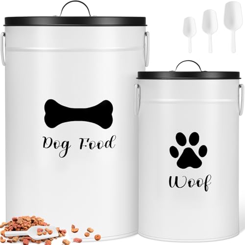 DoubleFill Extra Large 30+14 lb Metal Dog Food Storage Containers Set of 2 Airtight Dog Treat Snack Jars with Lids and Spoon Farm House Style Big Pet Cookie Storage Bin for Kitchen Counter Gift - color: White, size: Extra Large 30+14 lb