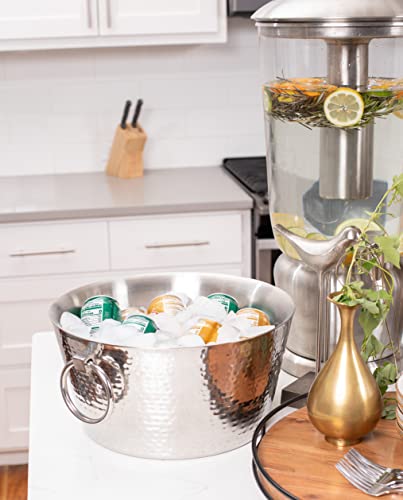 BIRDROCK HOME Hammered Stainless Steel Round Beverage Tub with Handles - Double Wall Insulated 3 Gallons - Metal Drink Cooler & Ice Bucket for Parties - Outdoor Aluminum Holder for Bottles & Soda - color: Silver
