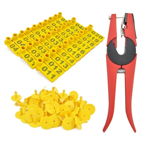 Sheep Ear Tags 001-100 Number Plastic Livestock Tag with Punch Applicator Plier Tools for Farm Pig Goat Deer Ear, 100pcs Yellow - color: Yellow, size: Sheep Ear Tags