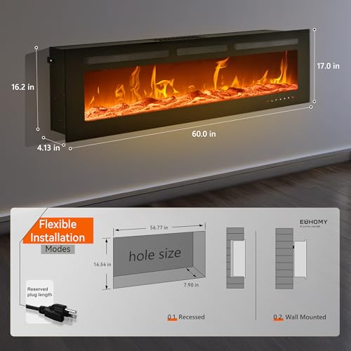 EUHOMY 60 Inch Electric Fireplace Wall Recessed and Wall Mounted with Adjustable Flame Color, Fireplace Heater with Remote Control, Linear Fireplace with Timer, Touch Screen, Log & Crystal, 750/1500W - size: 60 Inch