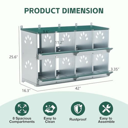 Wall-Mounted 8-Compartment Chicken Laying Box, Galvanized Steel Metal Nesting Box with Ventilated Design, Easy for Egg Collection and Assembly