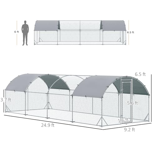 PawHut 9.2' x 24.9' x 6.5' Large Chicken Coop Metal Chicken Run with 210D Waterproof and Anti-UV Cover, Dome Shaped Walk in Fence Cage Hen House for Outdoor and Yard Farm Use, 1" Tube Diameter - size: 299.2"L x 110.2"W x 77.6"H