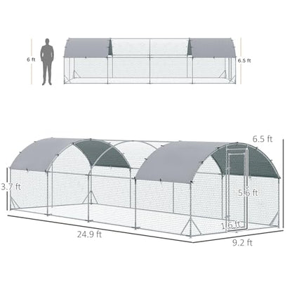 PawHut 9.2' x 24.9' x 6.5' Large Chicken Coop Metal Chicken Run with 210D Waterproof and Anti-UV Cover, Dome Shaped Walk in Fence Cage Hen House for Outdoor and Yard Farm Use, 1" Tube Diameter - size: 299.2"L x 110.2"W x 77.6"H