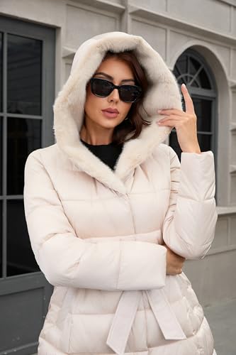 PAPILLON D'OR WEAR YOUR WINGS Women's Long Puffer Coat with Belt, Hood & Furry Lining - Knee-Length Winter Jacket - color: Pink-beige, size: Medium