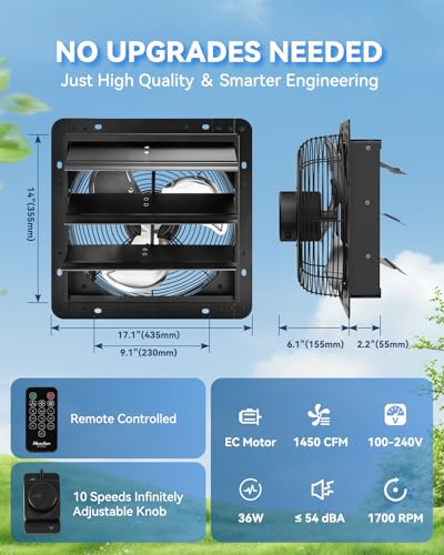 14” Wall Mounted Shutter Exhaust Fan - EC Motor, Remote ＆ Speed Controller, Aluminum Auto Shutter Ventilation Fan, Energy Efficient Low Noise Attics, Coops, Greenhouse, Barn, Garage, Shed Ventilator - size: 14"