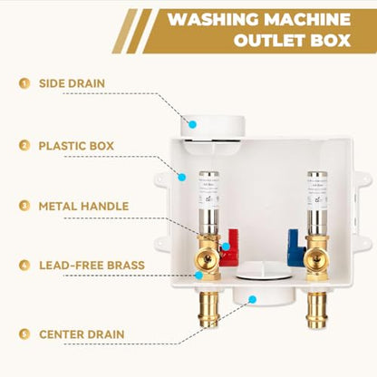 Press Washing Machine Outlet Box with Stainless Steel Water Hammer Arrestor, Center Drain, 1/2 Inch Press (Copper Pipe Only, Press Tool Required) x 3/4 Inch MHT, Washer Faucet Recessed Box - color: PRESS/SS Arrestor