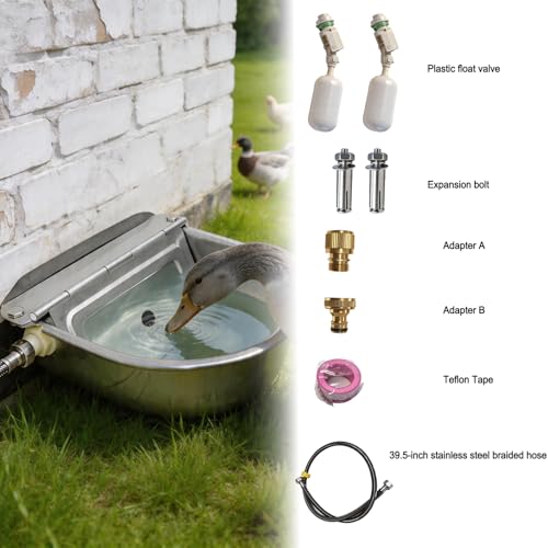 Automatic Water Bowl 304 Stainless Steel Pet Water Dispenser Dog Feeder Waterer for Large Dogs with 40" Steel Hose, 2 Float Valve, Copper Connector Adapter, 2 Bolts (Without Drainage Hole)