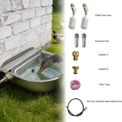 Automatic Water Bowl 304 Stainless Steel Pet Water Dispenser Dog Feeder Waterer for Large Dogs with 40" Steel Hose, 2 Float Valve, Copper Connector Adapter, 2 Bolts (Without Drainage Hole)