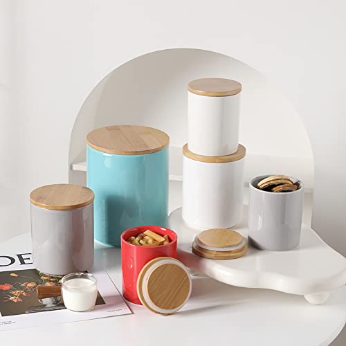 Sweejar Kitchen Canisters Ceramic Food Storage Jar Set, Stackable Containers with Airtight Seal Wooden Lid for Serving Ground Coffee, Tea, Herbs, Grains, Sugar, Salt - Set of 4 (White) - color: White, style: Set of 4(Updated Version)