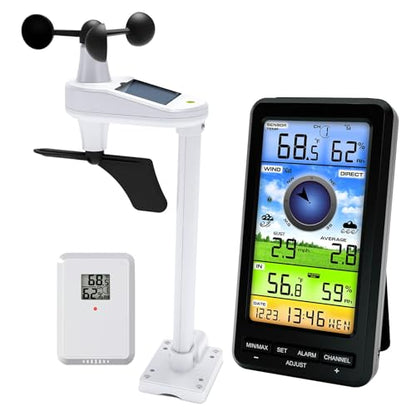 Wireless Weather Station Indoor Outdoor with Remote Sensor, Wind Speed & Direction, Temperature Humidity Monitor, Barometric Pressure, Weather Forecast Display for Home Garden Farm, 328ft Range (No W