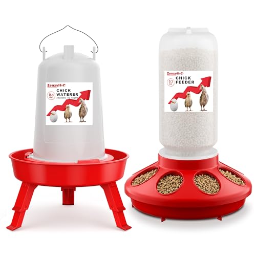 2-in-1 Chick Starter Set: 0.3 Gal Feeder & 0.4 Gal Waterer with Adjustable Legs for Baby Chicks, Hanging Hooks, Anti-Drown Design - BPA-Free Plastic (Red) - color: Red