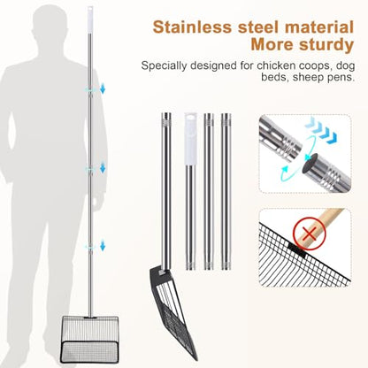 10in Wide Stainless Steel Chicken Poop Scooper with Adjustable Handle,36"-62" Long,Detailed mesh Design,Easy to Use Cleaning Tool for Chicken Coop, Sand Sifting