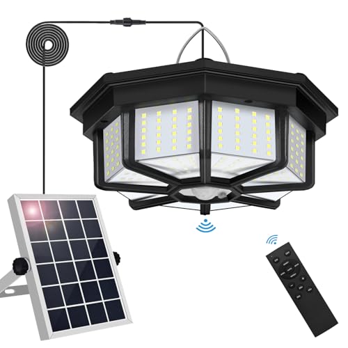 Solar Shed Light Indoor Outdoor, Aqonsie 288LED Solar Powered Motion Sensor Pendant Light Daytime Available, Solar Indoor Lights with 5 Lighting Modes & Remote for Shed Gazebo Barn Garage Home - color: Black (1 Pack)