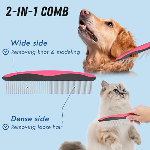 Docrok Pet Grooming Brush & Comb Combo, Cat & Dog Brush for Shedding & Dematting, Undercoat Rake for Long-haired Pets, Pink - color: Pink