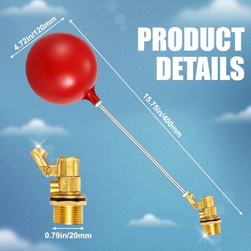 3/4 Inch Stainless Steel Float Valve for Water Tank and Trough, Heavy Duty Design with Adjustable Angle Rod, Float Ball for Stock Tank Pool Water Level Control
