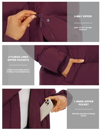 ROYAL MATRIX Women's Long Quilted Puffer Coat, Winter Warm Maxi Puffer Jacket with Detachable Hood - color: Wine Red, size: Medium