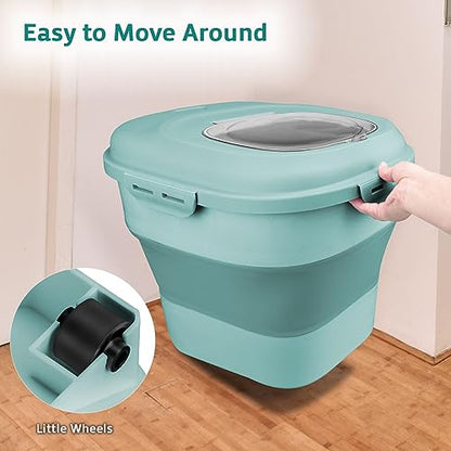 Komzon Rice Storage Bin Cereal Containers, 13-50lb Collapsible Rice Container Dispenser with Transparent Lid, Rolling Wheels, Measuring Cup and Scoop, Airtight Dog Cat Pet Food Storage Container Green - color: Green