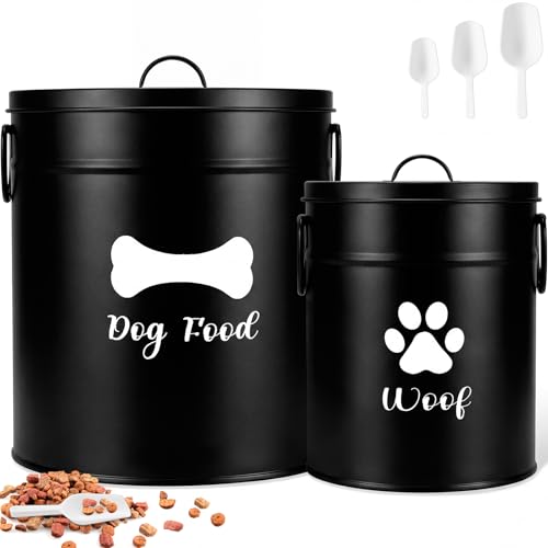 DoubleFill Extra Large 23+10 lb Metal Dog Food Storage Containers Set of 2 Black Airtight Dog Treat Snack Jars with Lids and Spoon Farm House Style Big Pet Cookie Jar for Kitchen Counter Gift - color: Black, size: Extra Large 23+10 lb