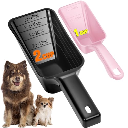 2-Pack Dog Food Scoop Set,1 Cup and 2 Cup Plastic Pet Food Measuring Scoops with Clear Measurement Lines,Multi-Purpose Pet Food Scooper for Dogs, Cats (Pink and Black) - color: Pink and Black