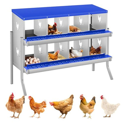8 Compartment Chicken Nesting Boxes, Metal Roll Away Egg Laying Boxes with Removable Tray & Lid Cover, Chicken Coop Nest Box for Hens, Egg Protection Design (with Legs) Blue - color: Blue, size: 8 hole - with leg