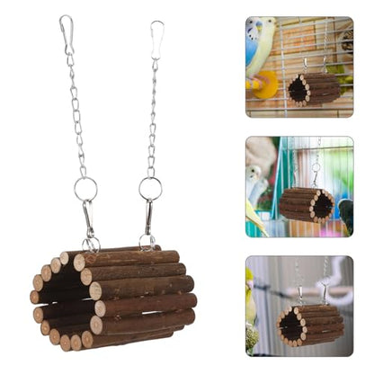Toyvian Wooden Parrot Swing and Small Animal Tunnel with Hanging Chain, Interactive Climbing Chew for Birds and Hamsters, Natural Pet Foraging Hammock for Cage Accessories