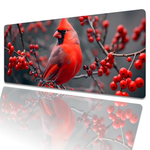 Northern Cardinal Gaming Mouse Pad 31.5x11.8in,Red Bird Large Extended Desk Mat with Non-Slip Rubber Base,Berries Big Mousepad for Laptop Computer PC,for Office Home Decor,Deskmat Gifts - color: Red Cardinal 01