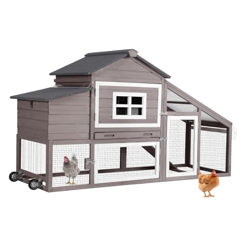 Wooden Chicken Coop, Large Chicken Tractor with Wheels, Weatherproof Hen House with Nest Box and Removable Tray, Mobile Poultry Hutch for 2-4 Chickens, Rabbits & Ducks (Brown) - color: Brown, size: 72.3"L x 26.0"W x 39.4"H