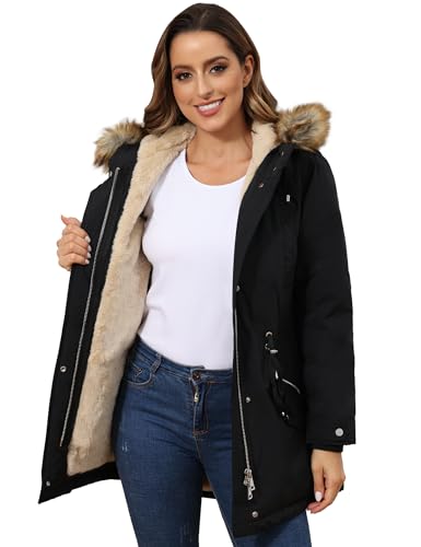 ROYAL MATRIX Women's Winter Coats Fleece Lined Parka Jacket Hooded Long Winter Warm Parka Coat with Pockets - color: Black Upgrade, size: 18