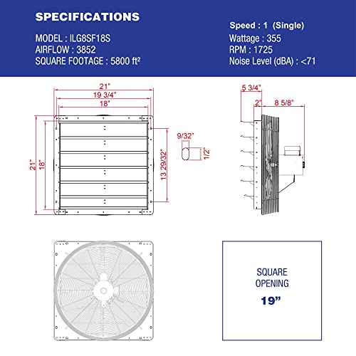 iLiving - 18" Wall Mounted Shutter Exhaust Fan - Automatic Shutter - Single Speed - Vent Fan For Home Attic, Shed, or Garage Ventilation, 3852 CFM, 5800 SQF Coverage Area, Silver (ILG8SF18S)