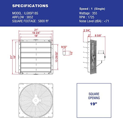 iLiving - 18" Wall Mounted Shutter Exhaust Fan - Automatic Shutter - Single Speed - Vent Fan For Home Attic, Shed, or Garage Ventilation, 3852 CFM, 5800 SQF Coverage Area, Silver (ILG8SF18S)