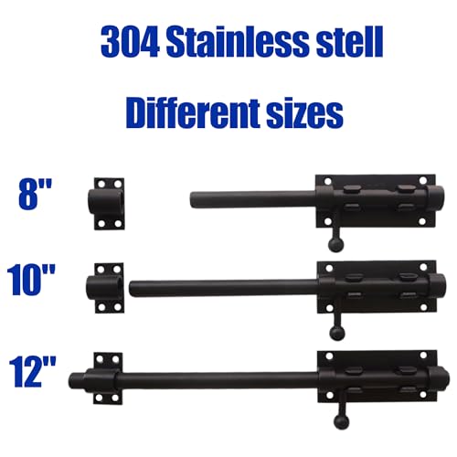 12Inch Slide Bolt Latch Black, Heavy Duty Barrel Bolt Latch with Padlock Hole, 304 Stainless Steel Sliding Bolt Gate Latch, Thickened Door Lock Hardware for Fence/Barn/Shed - size: 12 Inch