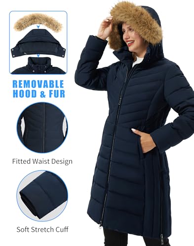 Pioneer Camp Women's Winter Coats Warm Thicken Long Puffer Jacket Waterproof Quilted Parka with Removable Faux Fur Hood - color: Navy Blue, size: Small