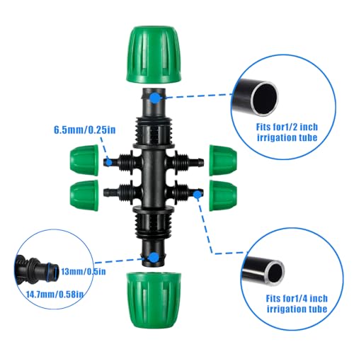 10 Pcs 1/2 to 1/4 inch Garden Hose Tubing Irrigation Fittings,6-Way Anti-Leak 1/2'' to 1/4'' Locked Barbed Drip Irrigation Tee Connectors (1/2"IDx0.6-0.63"OD) 1/2'' to 1/4'' Irrigation Tubing Fitting - size: 10 PCS 1/2" to 1/4" 6-Way Connectors
