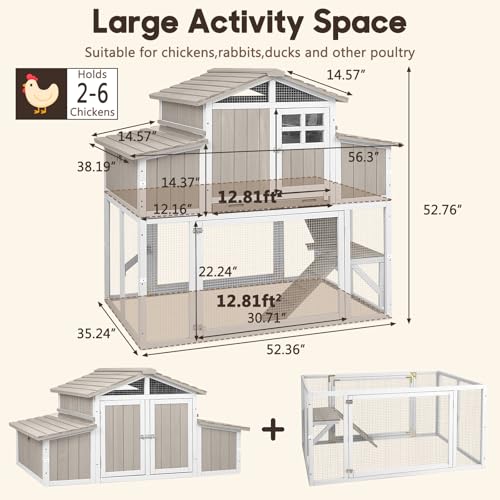 Large Wooden Chicken Coop for 2-6 Chickens, Outdoor Chicken House with 4 Nest Boxes, Hen House Poultry House Pet Hutch Chicken Cage with Waterproof Asphalt Roof, Ramp, Roosting Bars - color: Grey
