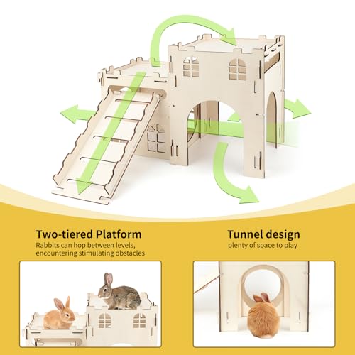 BWOGUE Extra Large Wooden Bunny Castle Hideout Split Balcony for Indoor Bunnies, Multistory Climbing Tower Hideout with Stairs, Ventilated Sturdy House for Rabbits Guinea Pigs and Chinchillas - style: 2 House and 1 Ladder