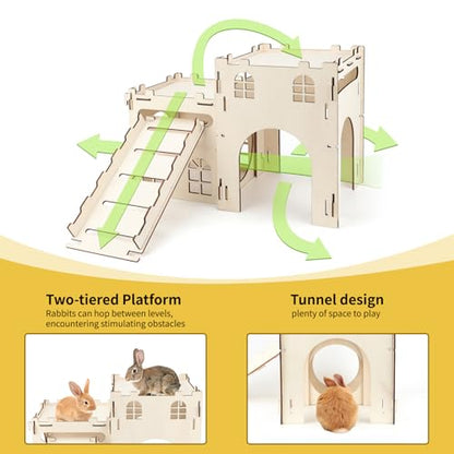 BWOGUE Extra Large Wooden Bunny Castle Hideout Split Balcony for Indoor Bunnies, Multistory Climbing Tower Hideout with Stairs, Ventilated Sturdy House for Rabbits Guinea Pigs and Chinchillas - style: 2 House and 1 Ladder