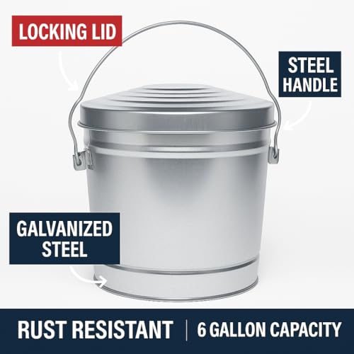 6-Gallon Galvanized Steel Locking Lid Storage Can – Heavy-Duty Metal Utility Bin for Tools, Feed, Trash & Pet Food – Rust-Resistant Outdoor Container