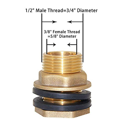 Joywayus 3/8" Female 1/2" Male Soild Brass Water Tank Connector Bulkhead Tank Fitting With 2 Rubber Ring Stablizing - size: 3/8" Female - 1/2" Male