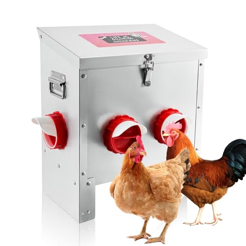 25LB Large Automatic Chicken Feeder Galvanized Metal Chicken Feeders with 4 Feeding Ports No Waste Outdoor Poultry Feeder with Handle and Locking Lid for Chickens and Ducks - size: 25LB-4 Ports