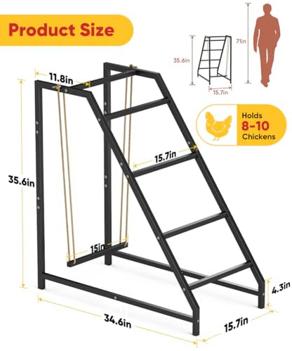 Chicken Perch Swing with Ladder for Coop, Metal Frame Chicken Roosting Bars for 8-10 Hens, Pet Swing Set for Backyard Poultry Farm Roost, Ideal for Chickens' Health and Happiness, Black