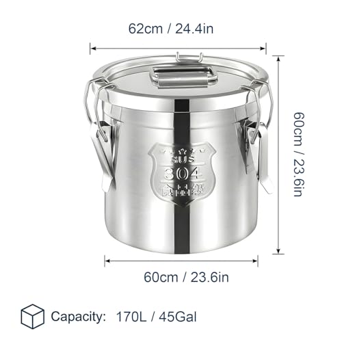 304 Stainless Steel Airtight Storage Bucket with Lid, Food Grade Sealed Canister for Kitchen, Rice, Flour, Grain, Pet Food, Waterproof Camping Storage Container(170L/45Gal) - size: 170L/45Gal